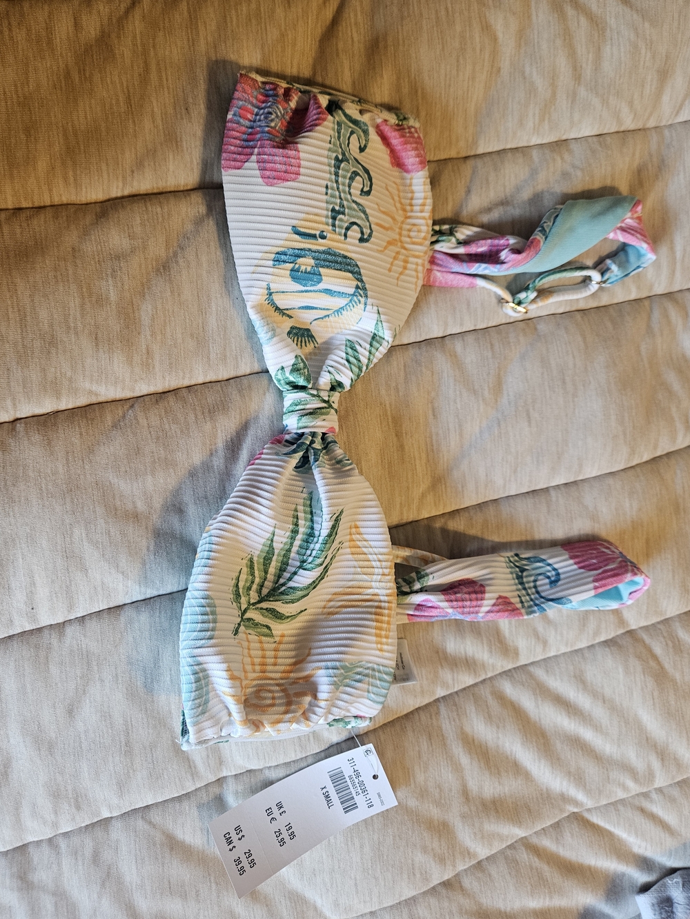 Hollister Tropical Floral Bandeau Bikini Top in White, Pink, Teal